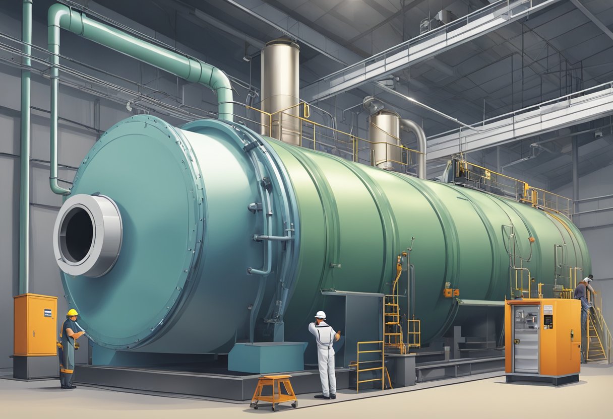 A team of professionals carefully installs a large industrial boiler in a factory setting, following best practices and safety guidelines