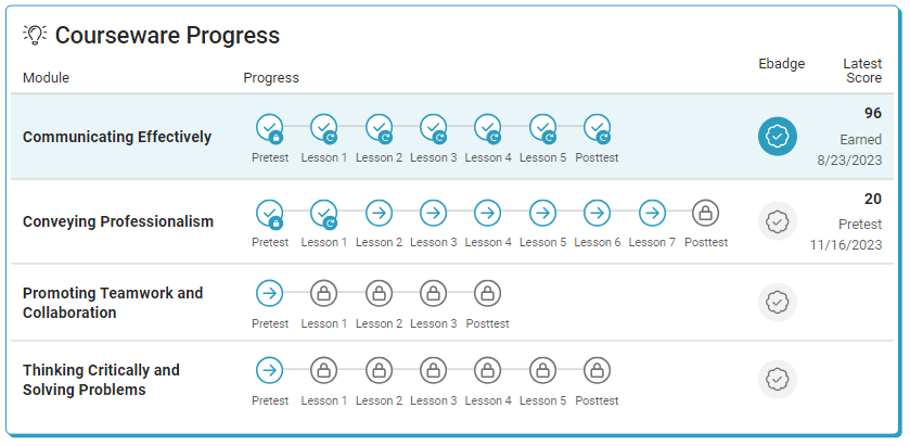 Soft Skills Courseware landing page showing progress in all four modules