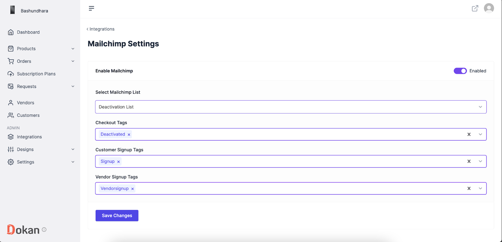 A screenshot to Save Changes on mailchimp settings