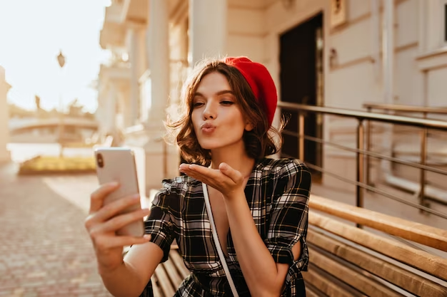 Girl With Red Hat Posing With a Flying Kiss for a Selfie