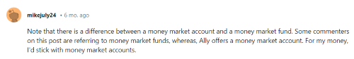 A person on Reddit explains that money market funds are completely different and should not be confused when considering a money market vs CD account. 