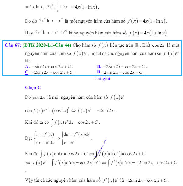 Công thức Nguyên hàm và bài tập từ đề thi có giải chi tiết