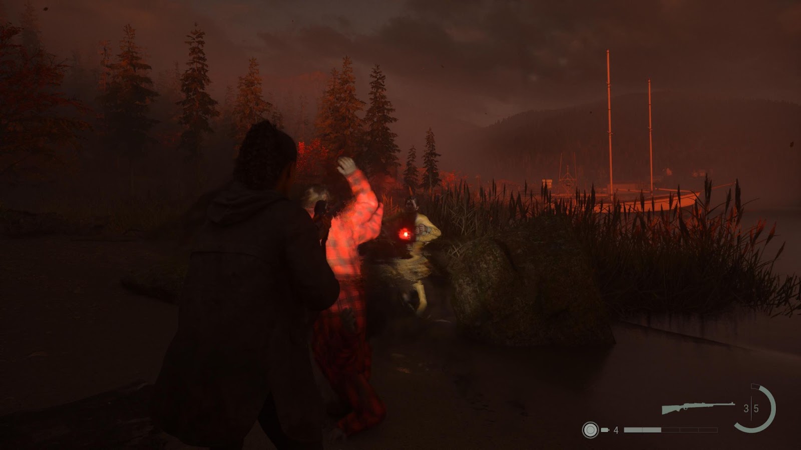 An in game screenshot of the Taken fight from the Bunker Woods beach nursery rhyme from Alan Wake 2. 