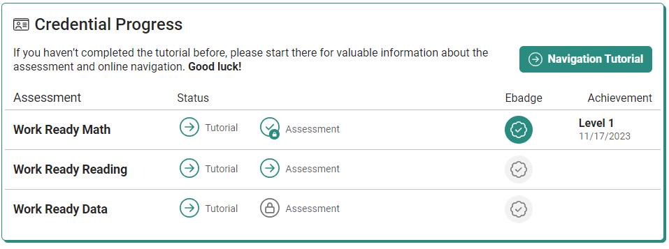 Academic Skills Assessment landing page showing that the Work Ready Math assessment has been completed