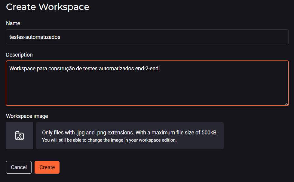 Imagem da tela de cadastro de um Workspace na plataforma StackSpot AI, com os campos: Name, Description e Image.