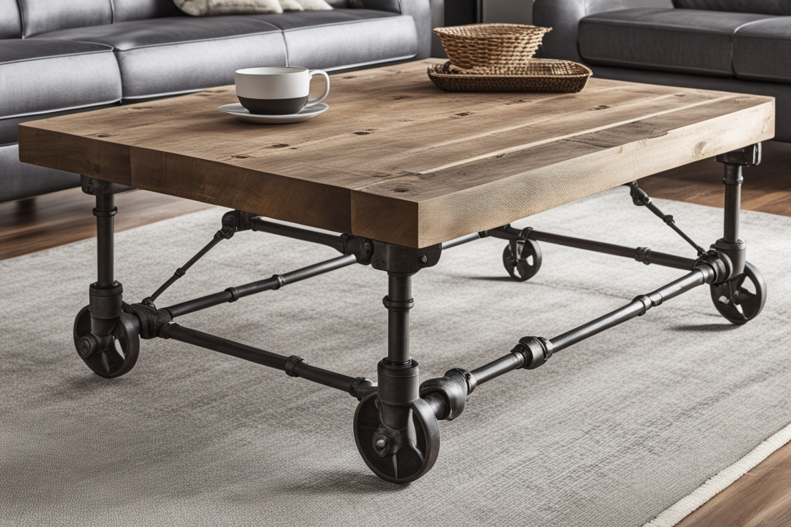 Rustic wooden coffee table with industrial pipes for legs