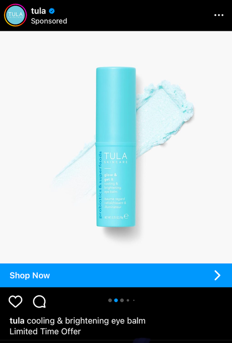 screenshot of ecommerce ai tools for personalized recommendations on instagram with tula eye balm