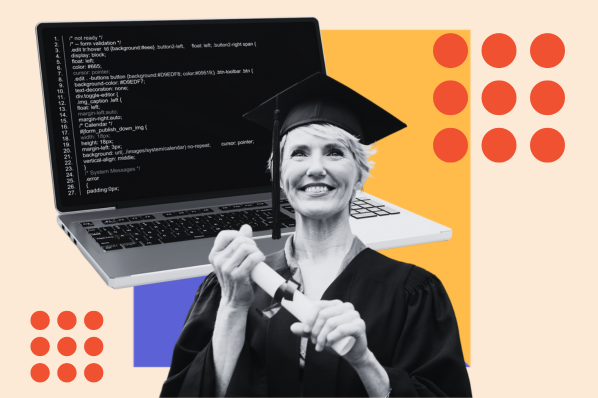 woman holds html certification in a graduation cap