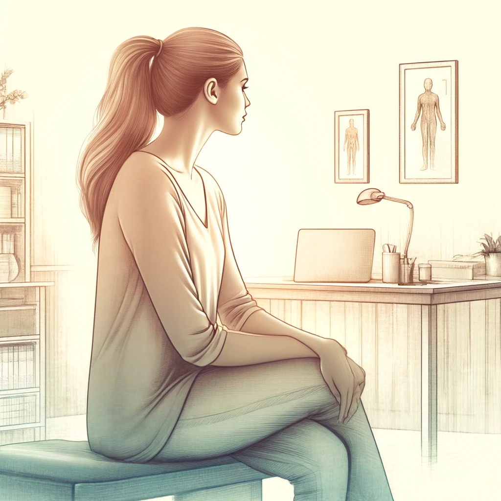 An artistic and soft illustration of a woman sitting in a doctor's office. The setting includes typical elements of a medical environment, capturing the experience of seeking medical care with a gentle and reflective mood.