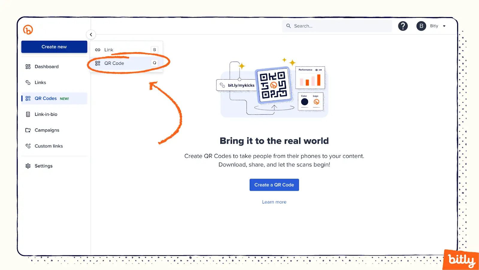 A screenshot of where to find the 'Create a QR Code' button on Bitly