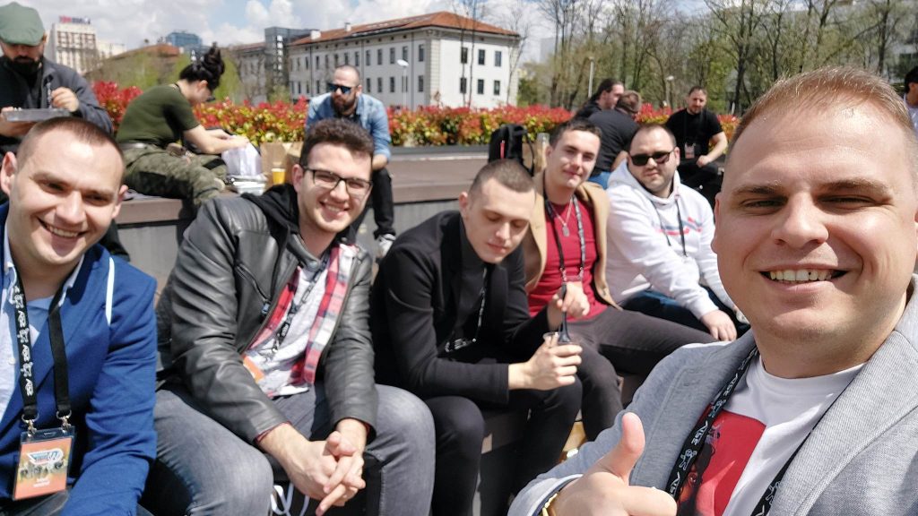 Dani Yordanov (on the left), Petyo Eremiev (on the right) and friends at WordCamp Sofia 2023, April 22, 2023, "John Atanasov" Forum, Sofia Tech Park