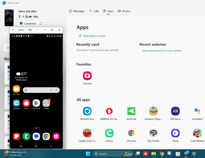 Galaxy phone screen displayed on a PC using Phone Link