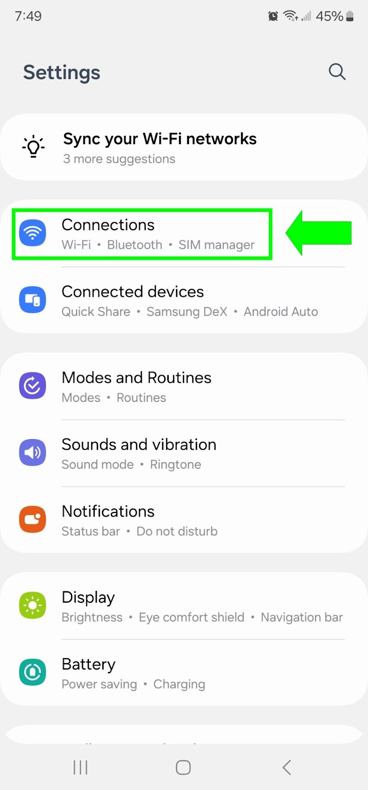 A screenshot of Android Setting with Connections highlighted.