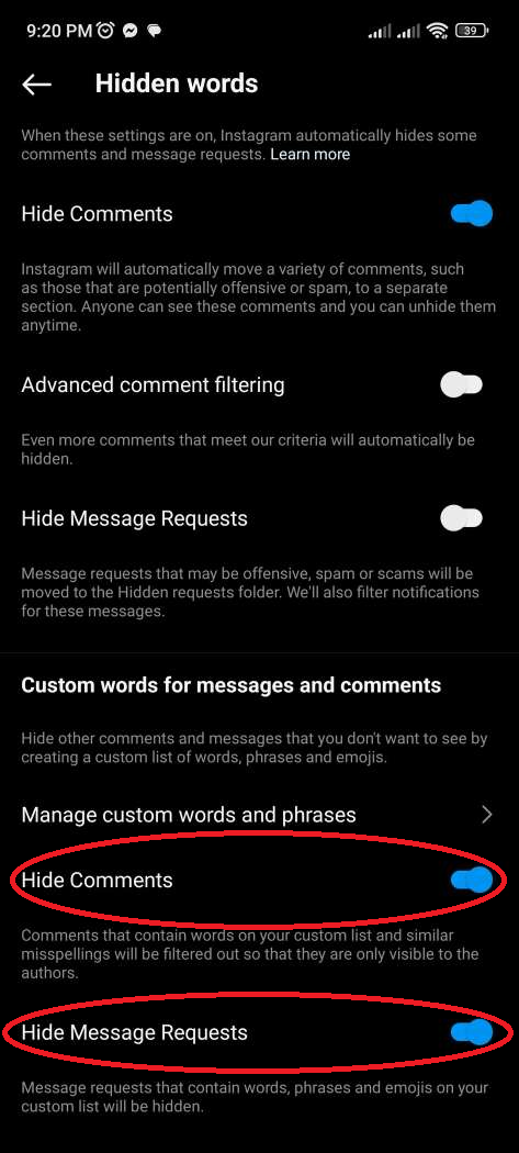Activating the word blocking feature in Instagram