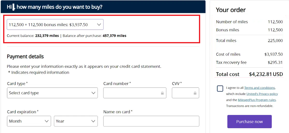 Example of a miles buying window