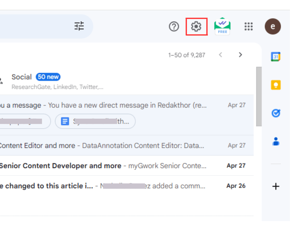 Settings icon in Gmail inbox