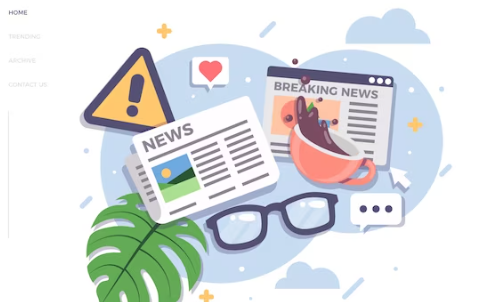 Graphic of newspapers, a palm leaf, and a pair of glasses