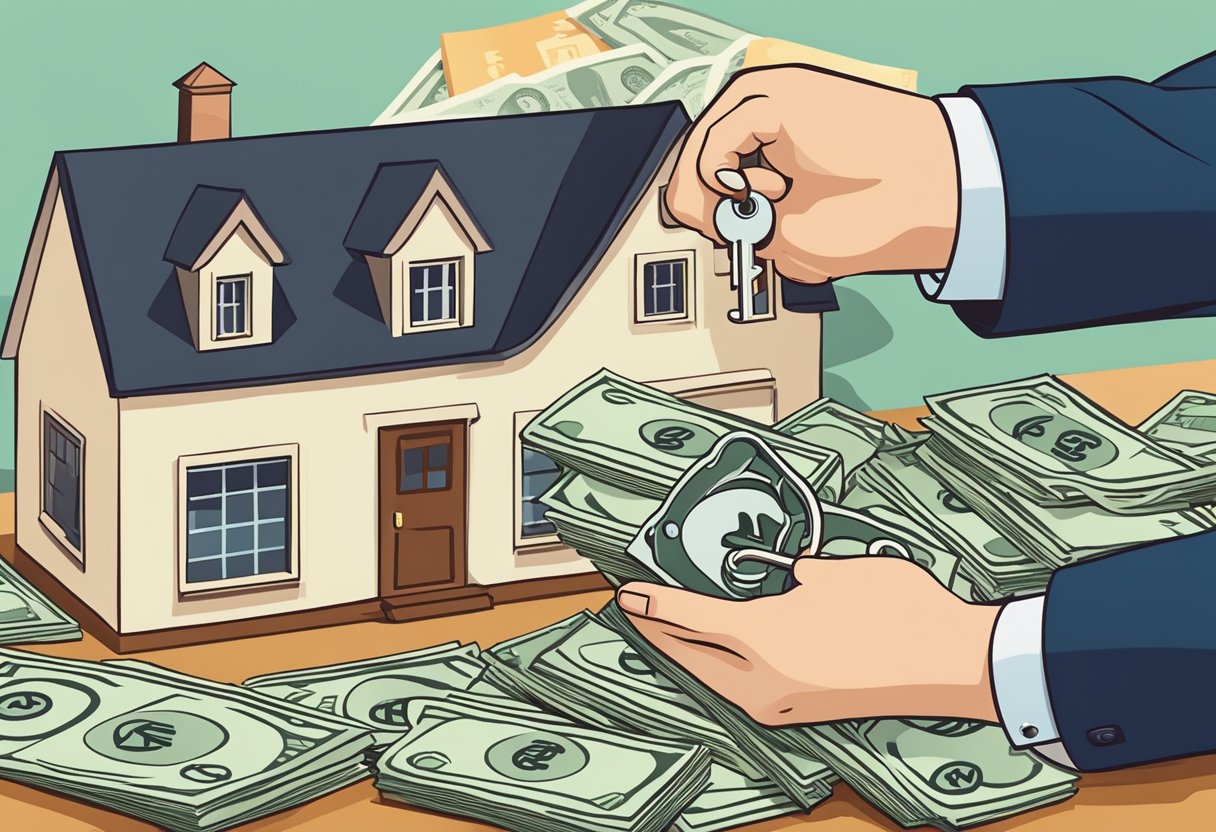 A house key being handed over to a smiling homeowner, while a pile of cash sits on the table next to a "Sold" sign