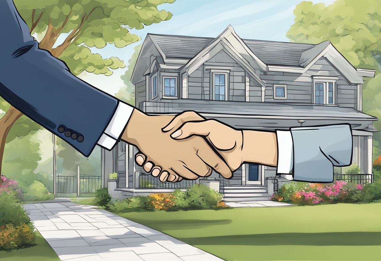A hand shakes another hand in front of a house. A "Sold" sign is displayed, indicating a successful as-is home sale
