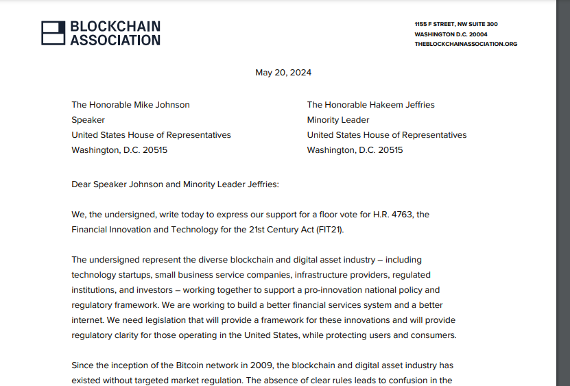 Blockchain Association Pushes for House Vote on FIT21 Act