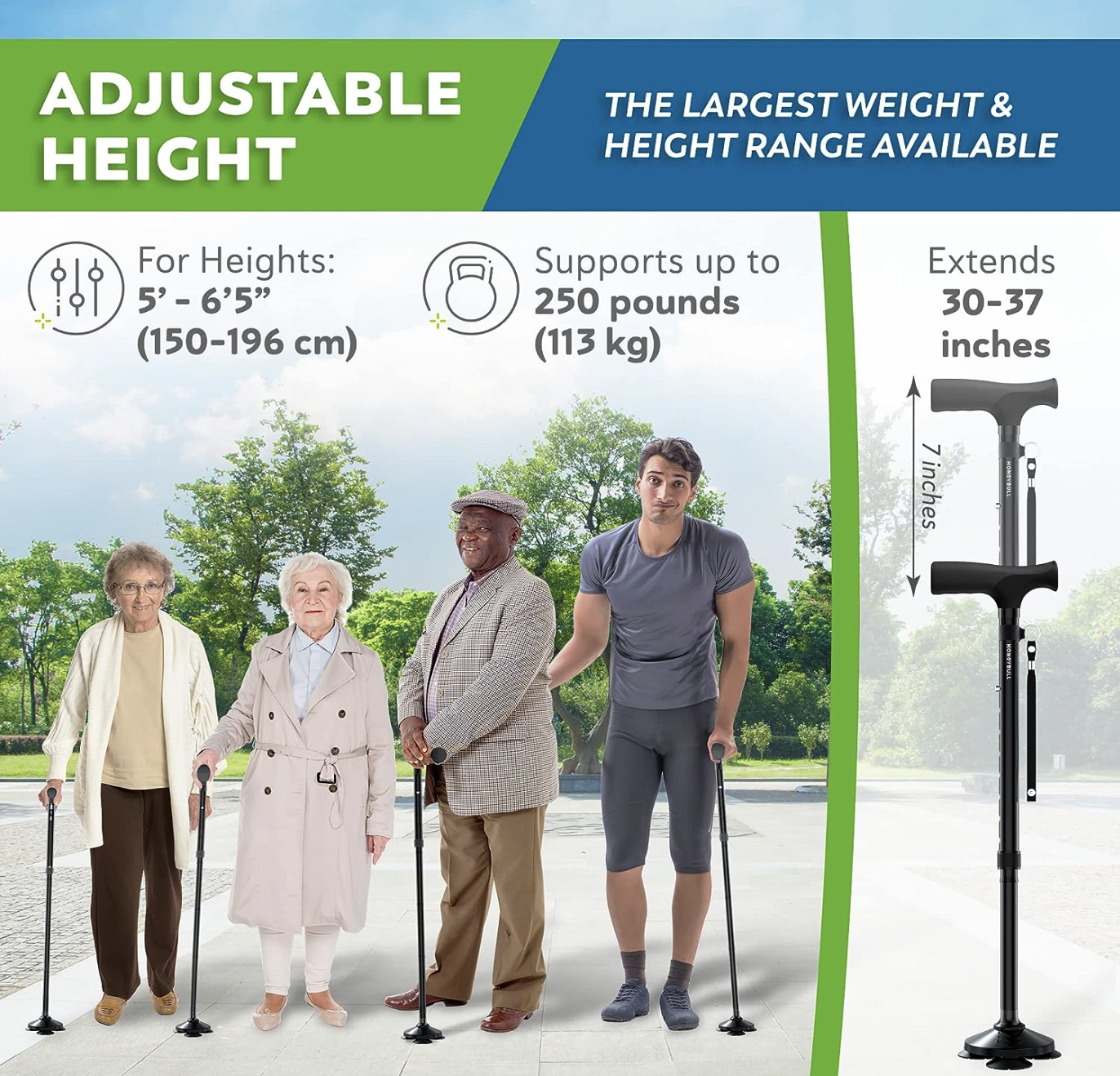 4 people using a cane at different heights