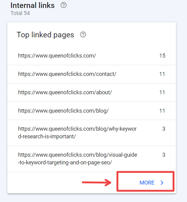 example of the list of internal links in google search console for the domain queenofclicks