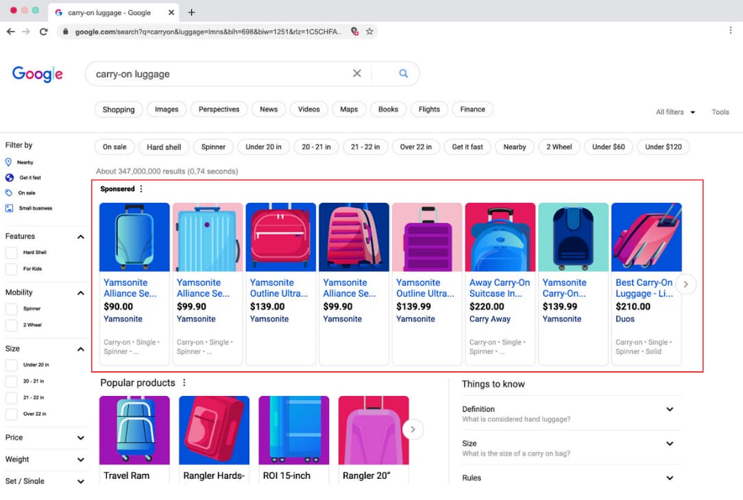 SERP for "carry-on luggage," showcasing sponsored produce listings