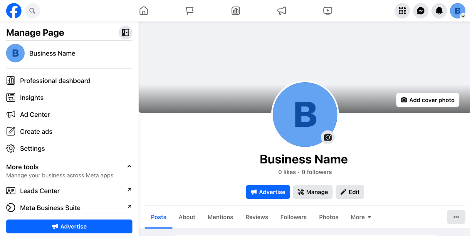 Preview of a Facebook business page