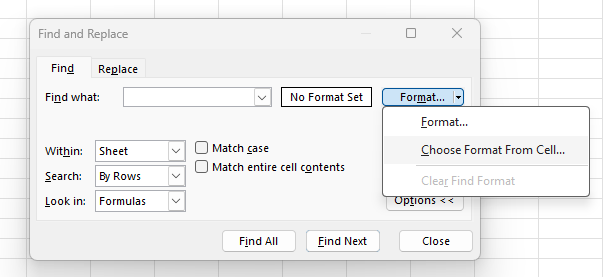 find and replace format options