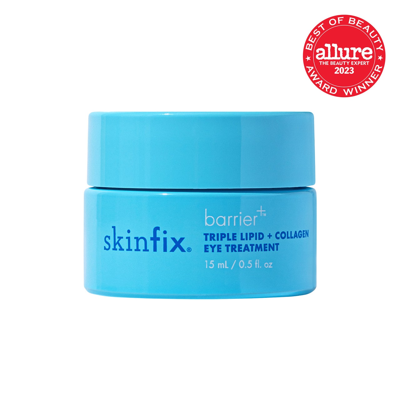 Skinfix Barrier+ Triple Lipid + Collagen Eye Treatment turquoise jar on white background with red Allure BoB seal in the top right corner