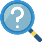 Decorative icon containing a magnifying glass zooming over a question mark. 
