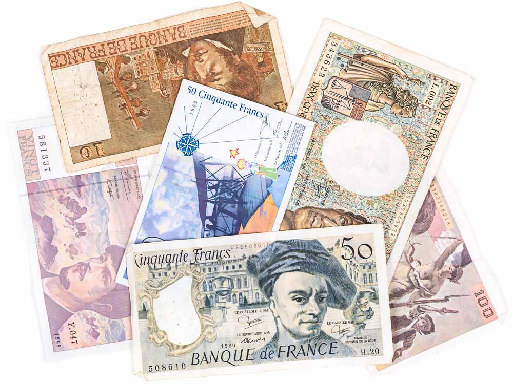 Old foreign banks notes. Out of circulation old French Francs.