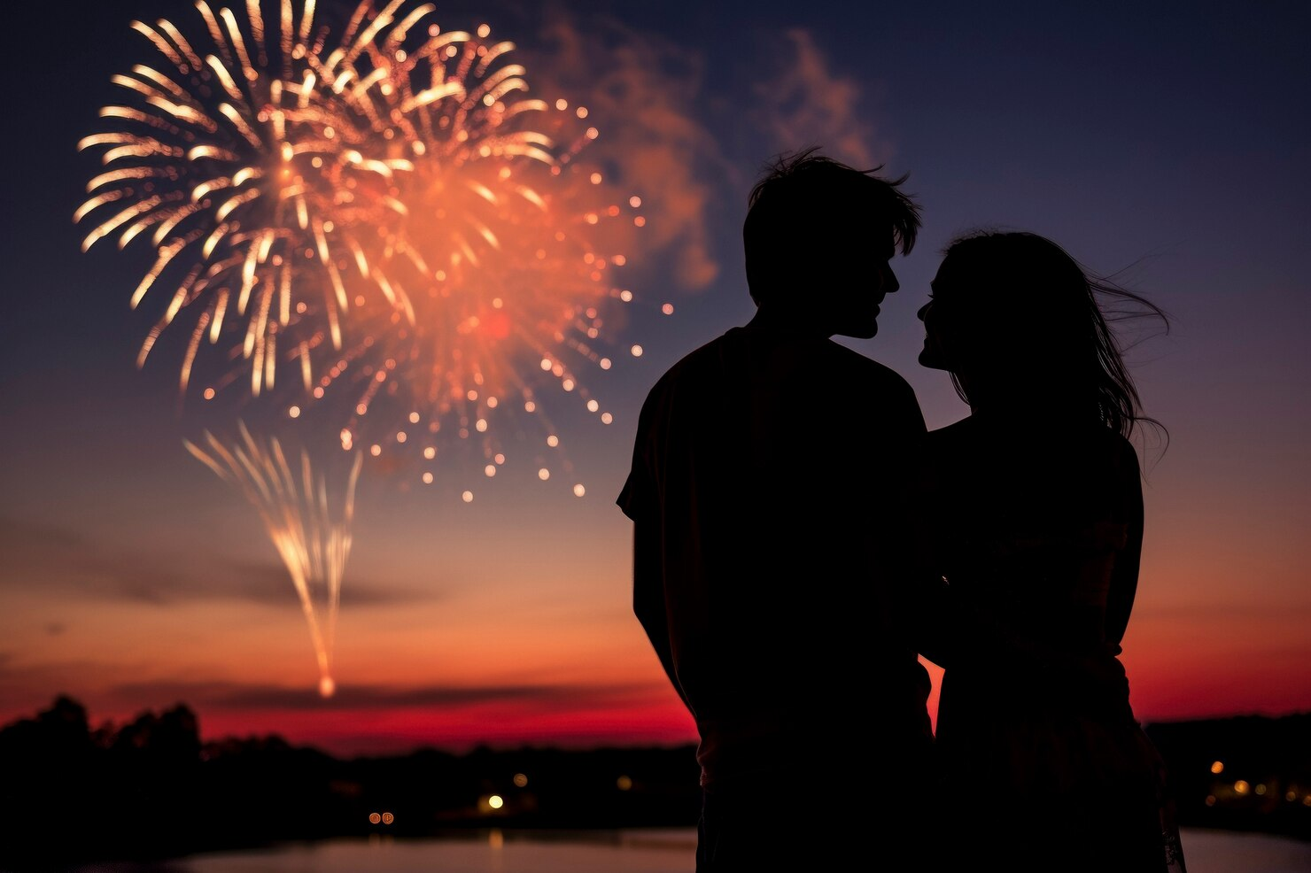 A couple sharing a moment under New Year's Eve fireworks.