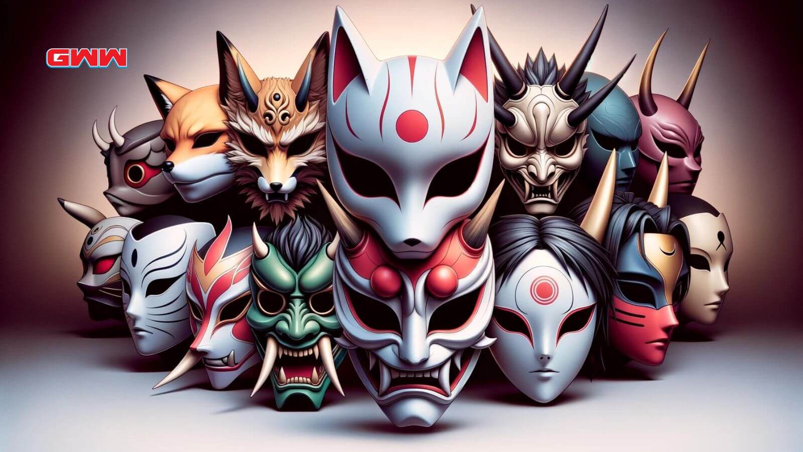 An array of various iconic anime masks displayed prominently.