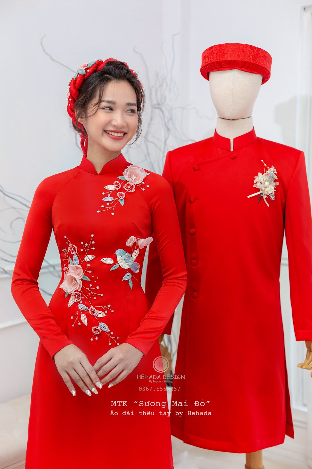 Couple áo dài dâu rể Sương Mai Đỏ