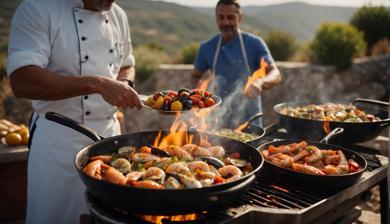 A chef grills fresh seafood over an open flame, while another prepares a vibrant fish stew with tomatoes, olives, and herbs. A Mediterranean landscape with rolling hills and a sparkling sea serves as a backdrop