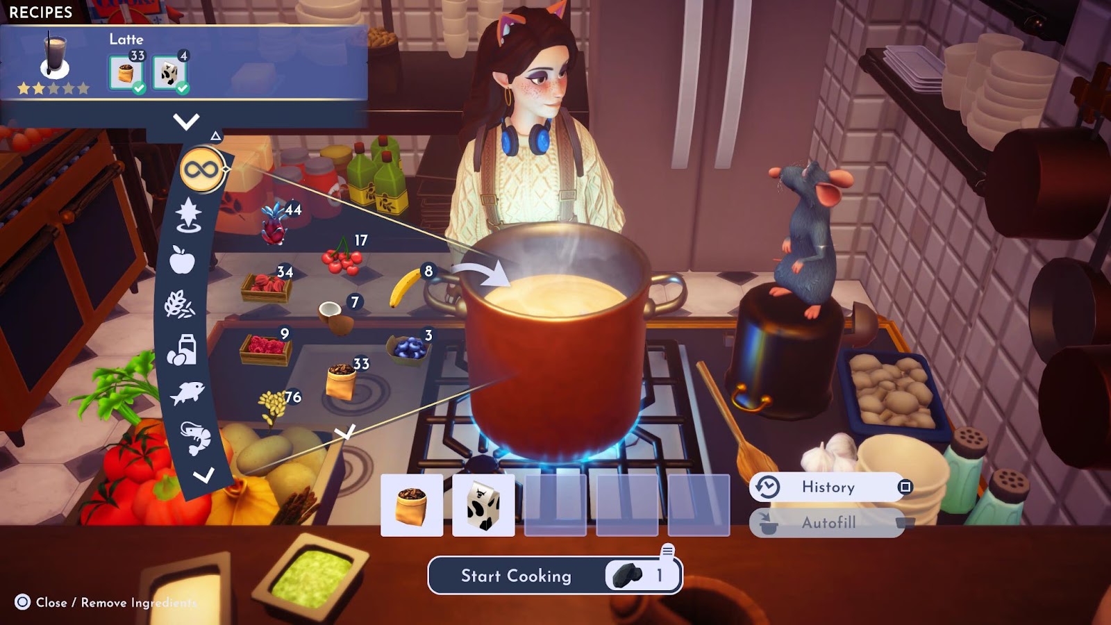 An in game screenshot of the player character cooking from Disney Dreamlight Valley. 