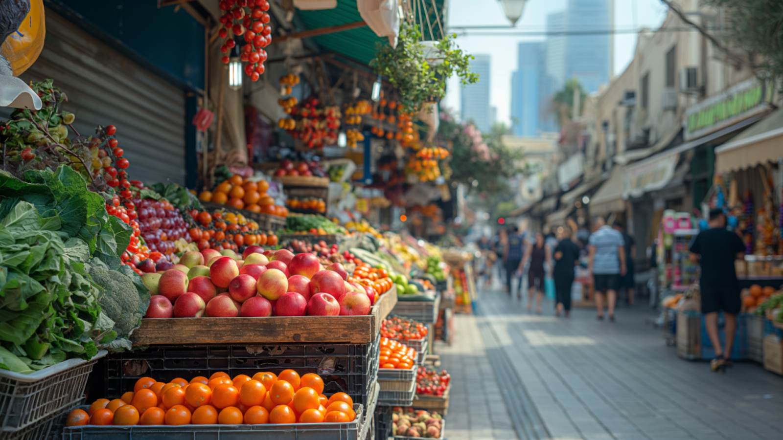 Vibrant marketplace in Tel Aviv filled with colorful stalls and diverse shoppers.