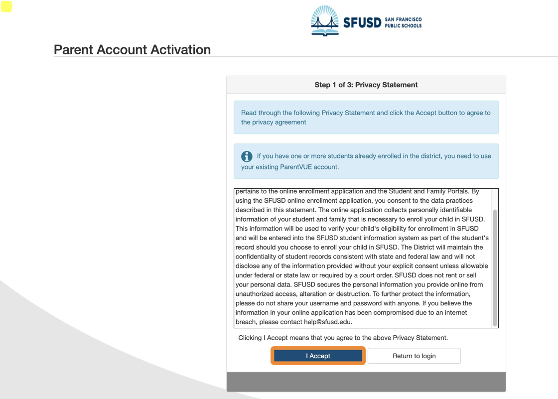 Screenshot of: Read the privacy statement then click I accept