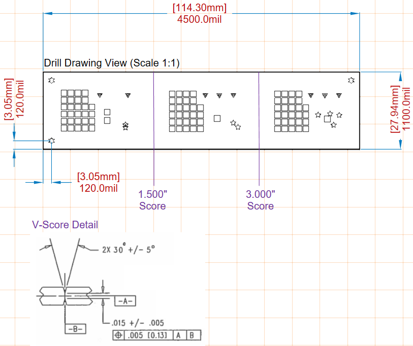 Ubicaciones de V-score y detalle en Draftsman.