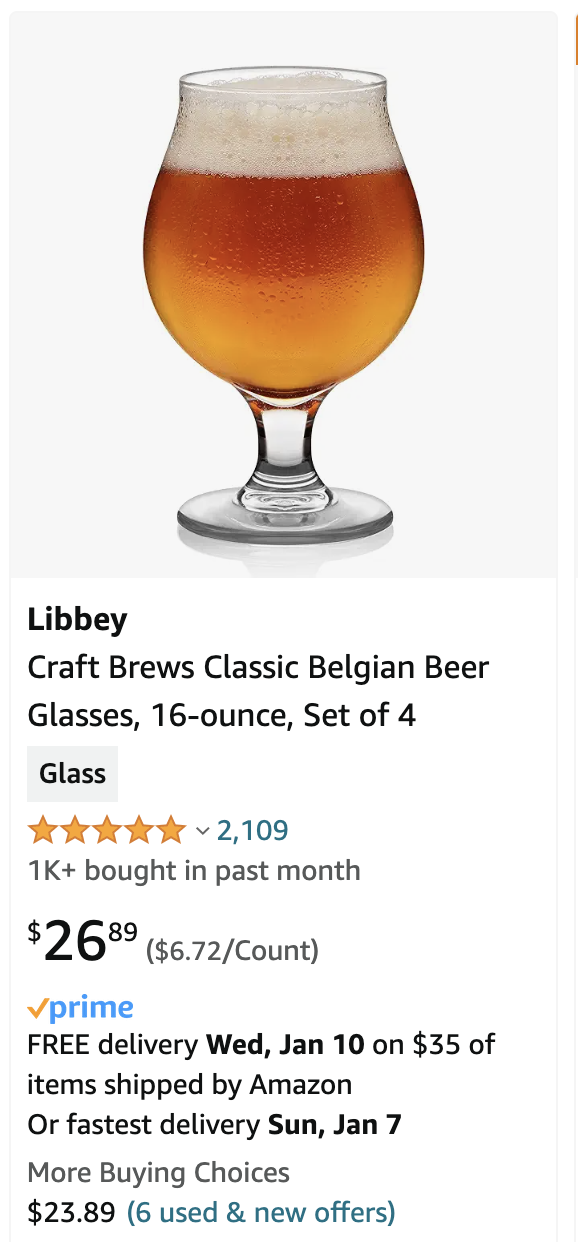 Screenshot of Amazon product listing with an image of Libbey’s Belgian beer glass.