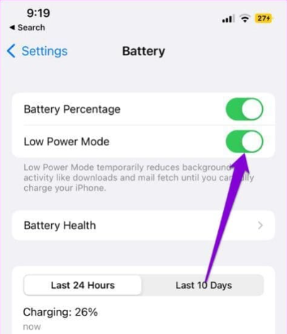 Tap on the toggle next to Low Power Mode to disable it