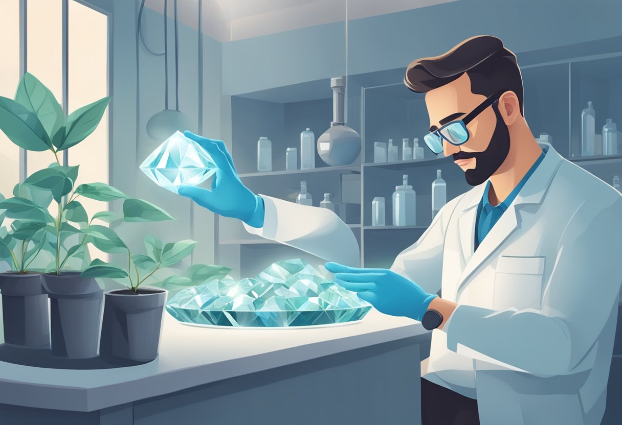A lab technician carefully grows a flawless diamond in a controlled environment, showcasing the ethical and environmental benefits of lab-grown diamonds