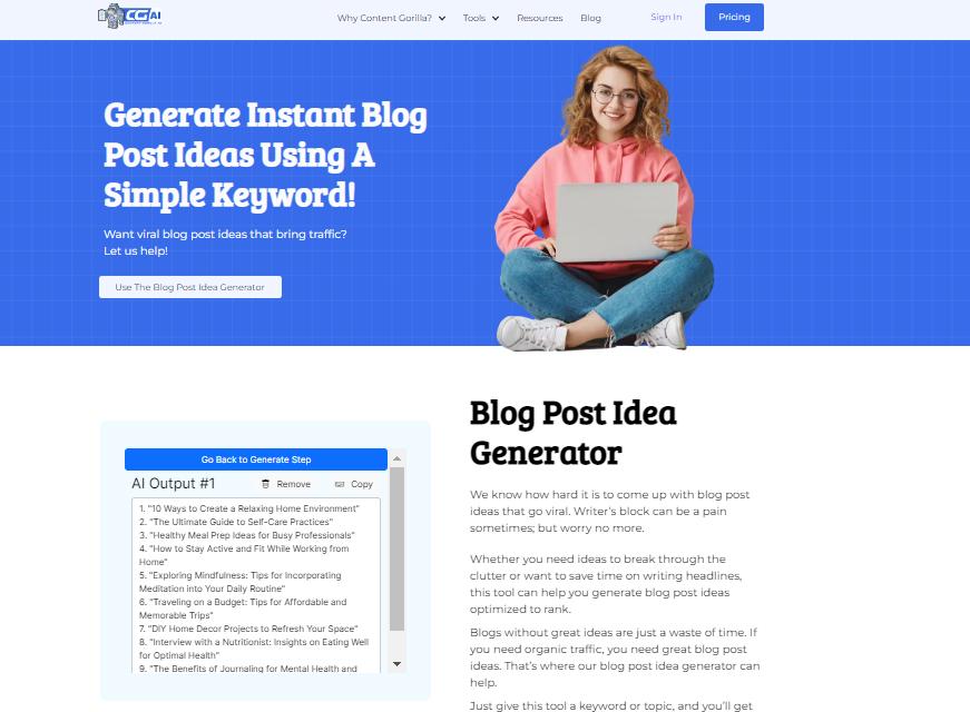 Demo of Content Gorilla's Free Blog Post Idea Generator