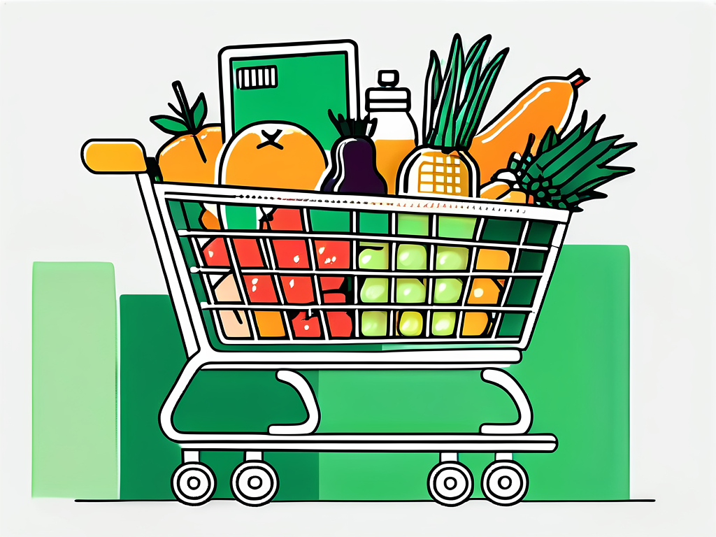 shopping-cart-full-of-healthy-food-and-produce-with-a-light-green-background