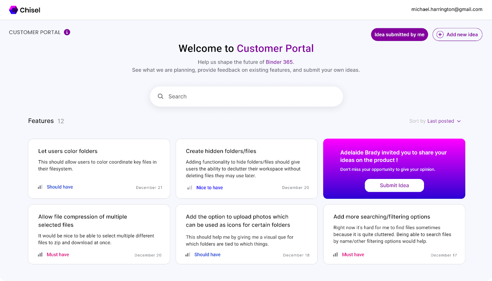 An image depicting the interface of Chisel’s Feedback Portal, showcasing the option for customers to share, store, and prioritize their ideas through a simple link.