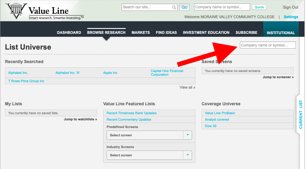 Image of the Value Line homepage with a red arrow pointing to the search box for company information.