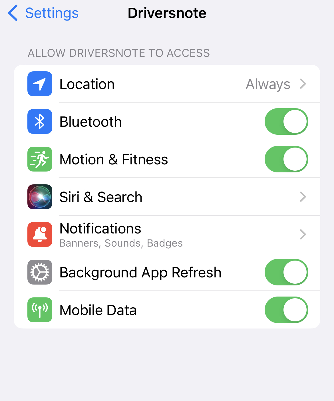 Driversnote settings for iPhone 