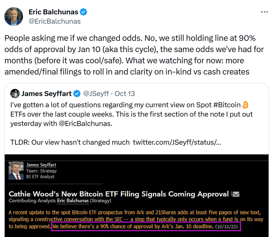 Bloomberg analyst reaffirms 90% chance of Bitcoin ETF approval in January