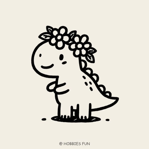Dinosaur Drawing Cute, Dinosaur with Flower Crown